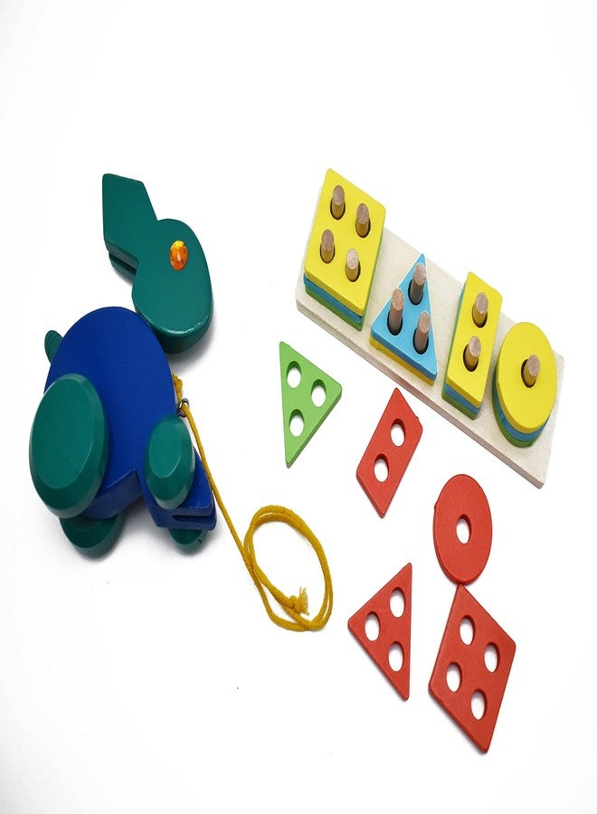 Justhandmade Wooden Four Angle Geometric Shapes| Rabbit Pull Along Toy for Kids, Colours May Vary(Combo of 2) - Image 1